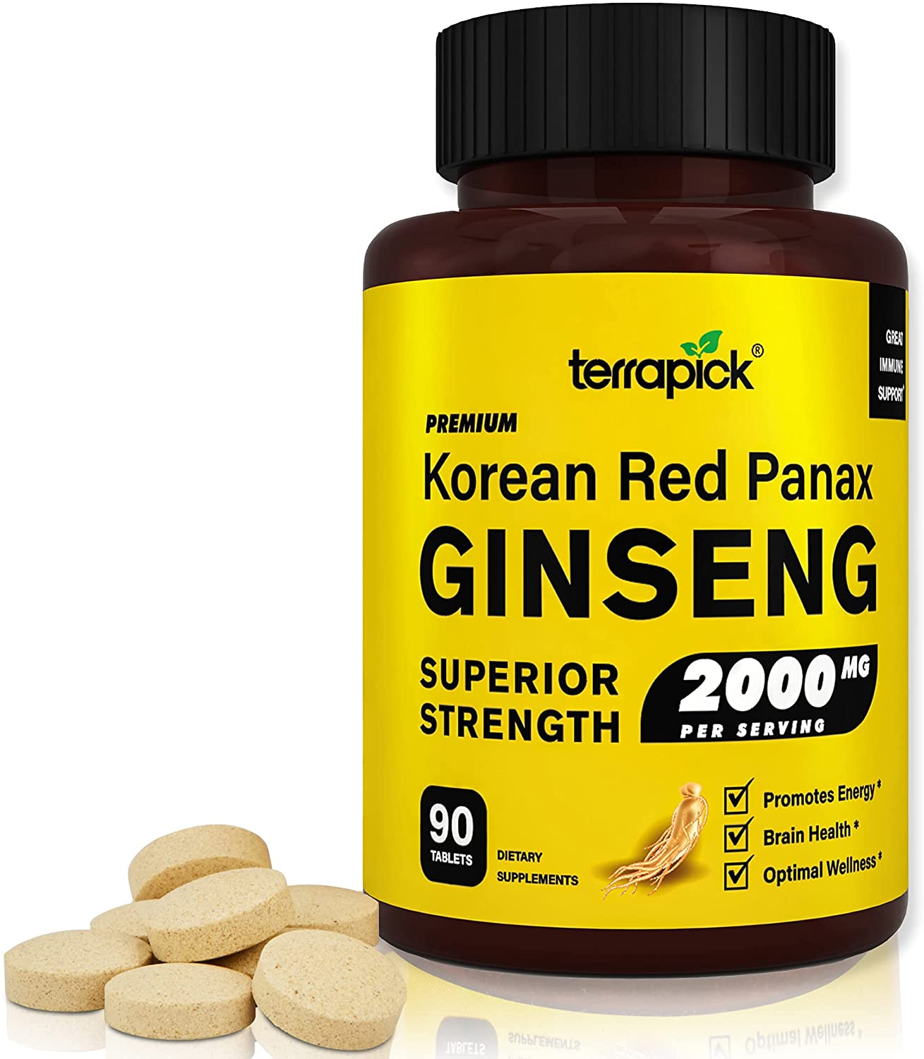 TerraPick Korean Red Panax Ginseng - 90 Vegan Tablets, 2000mg Superior Strength