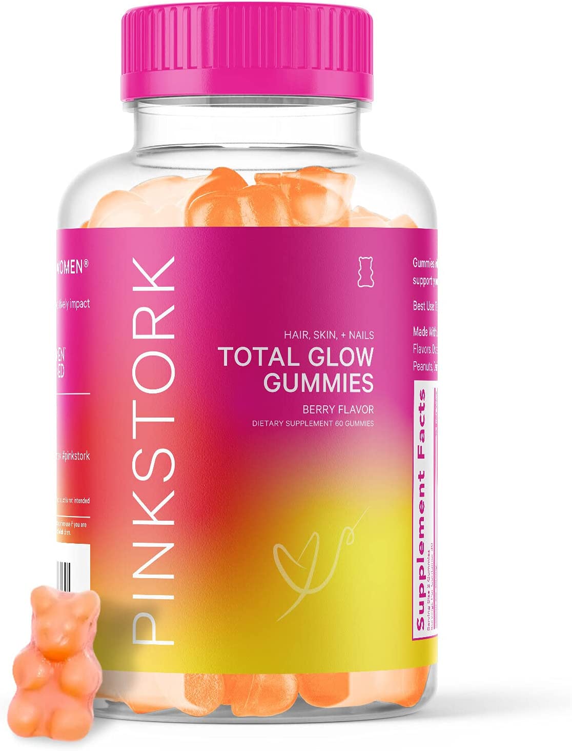 Pink Stork Total Glow: Berry Flavored Hair Skin and Nails Gummies with Biotin,